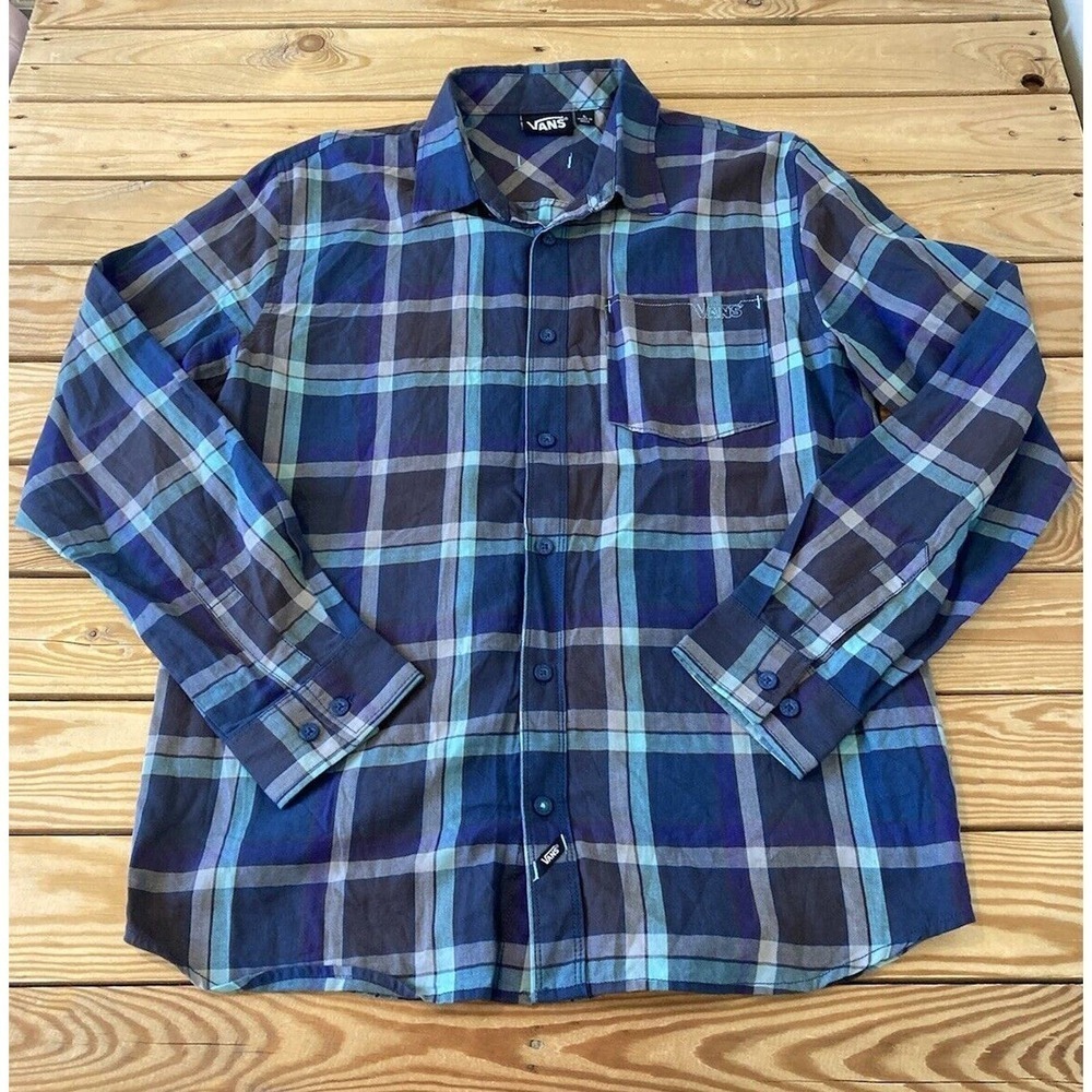Vans Button Down Plaid Check Shirt Size Large Men’s Blue